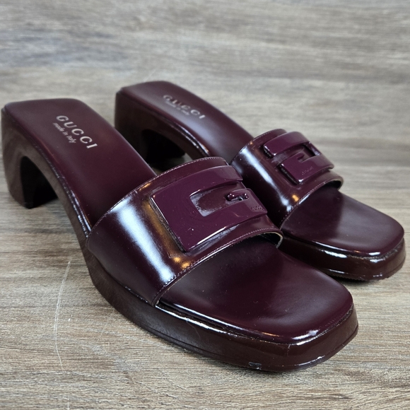 Authentic Gucci Plum Leather Wood Block Heel Slip On Slides Sandals Sz 37 US 6.5 - Picture 3 of 12